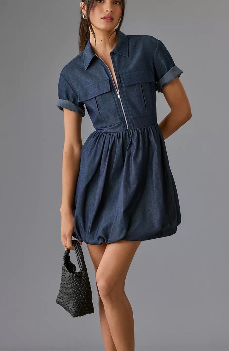 Mare Mare x Anthropologie Denim Bubble Hem Zip Front Mini Dress XS